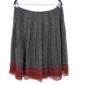 Anne Klein Silk Skirt 14 Black White Polka Dot Red Lace Hem Full Flare Pinup